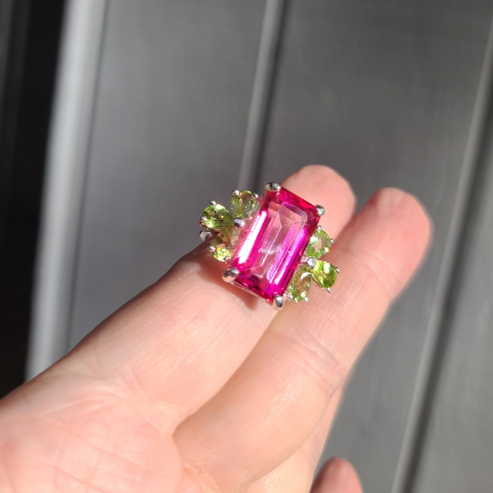 Pink Topaz massive 8k emerald cut with pear shape Peridot sterling ring sz 8 - Picture 14 of 17